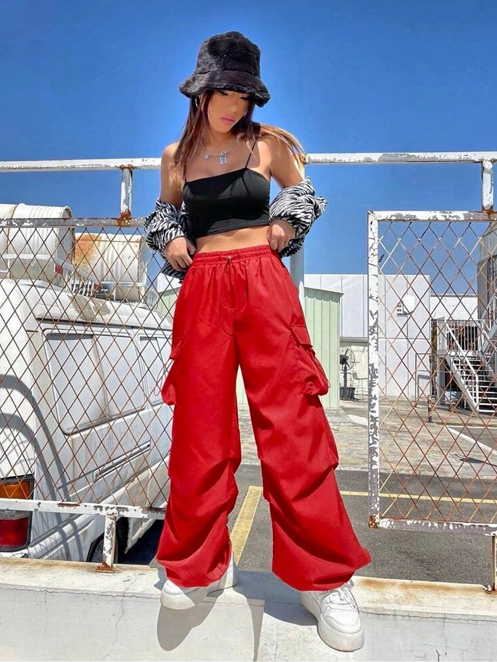 NWOT SHEIN EZwear Flap Pocket Side Drawstring Waist Red Pants